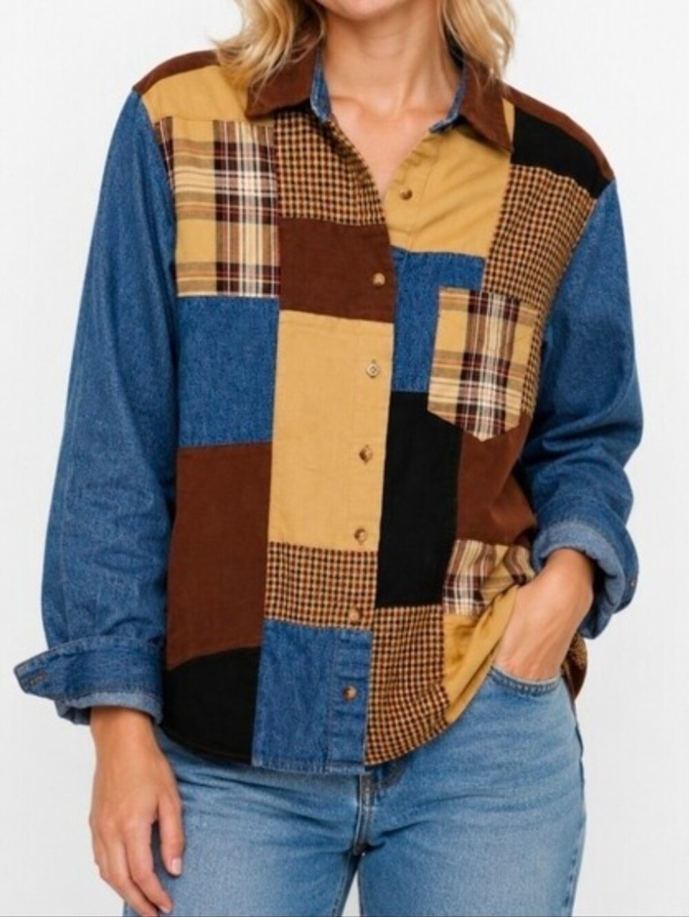 Susan Bristol Y2K Casual Women's Patchwork Blazer Jacket Blue Tan & Brown Sz Med